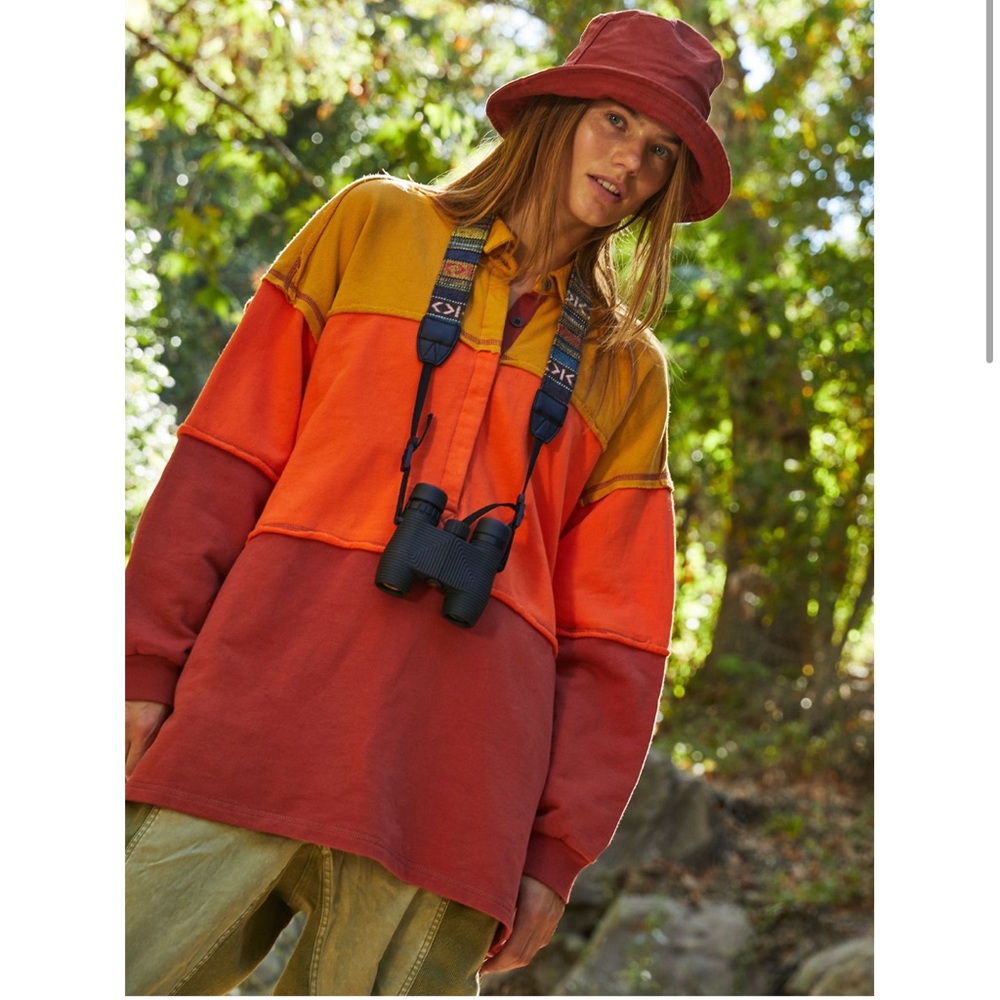 Free People! Freda Polo Tunic Vibrant Yellow and Orange Color Blocked Sweatshirt